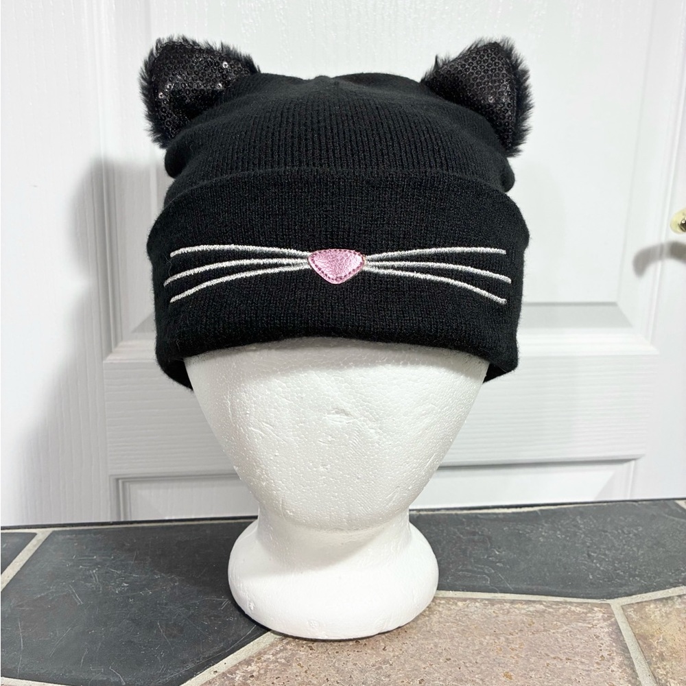 NEW CAT Ear Sequin Fur Knit Beanie Black Adult Sized